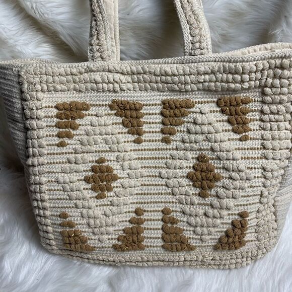 Evelyn K Hobo beige cotton extra large tote with brown and gold stitchin… - Picture 9 of 12